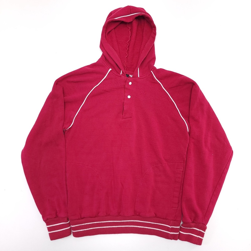 Vintage Peter B Magenta Red Snap Henley Hoodie Raglan Stripe Trim Large